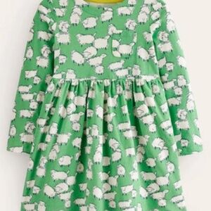 Mini Boden - Green Sheep Print Long Sleeve Jersey Dress, Size 5-6